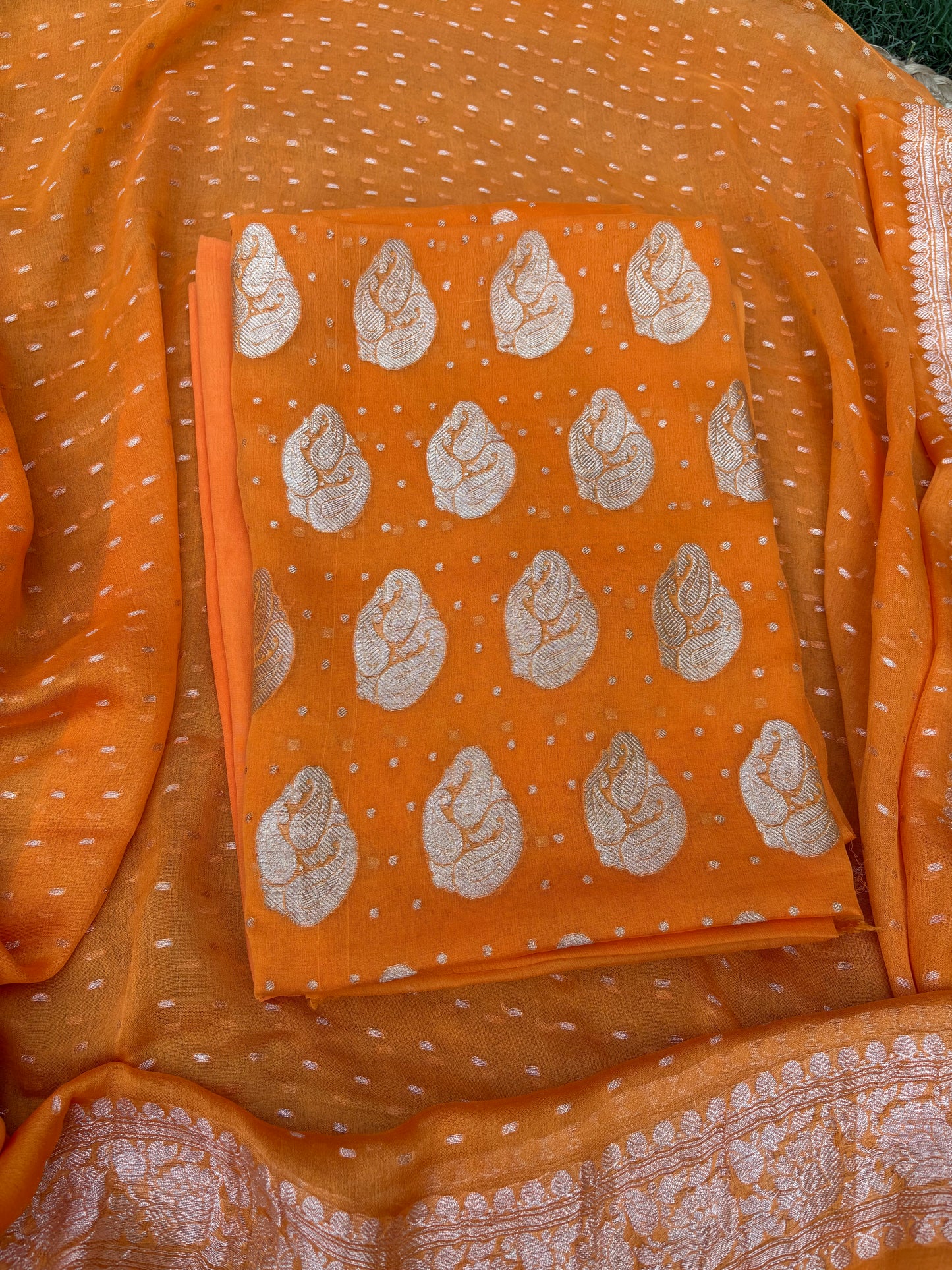 Orange Khaddi chiffon kadhwa 3 piece suit set