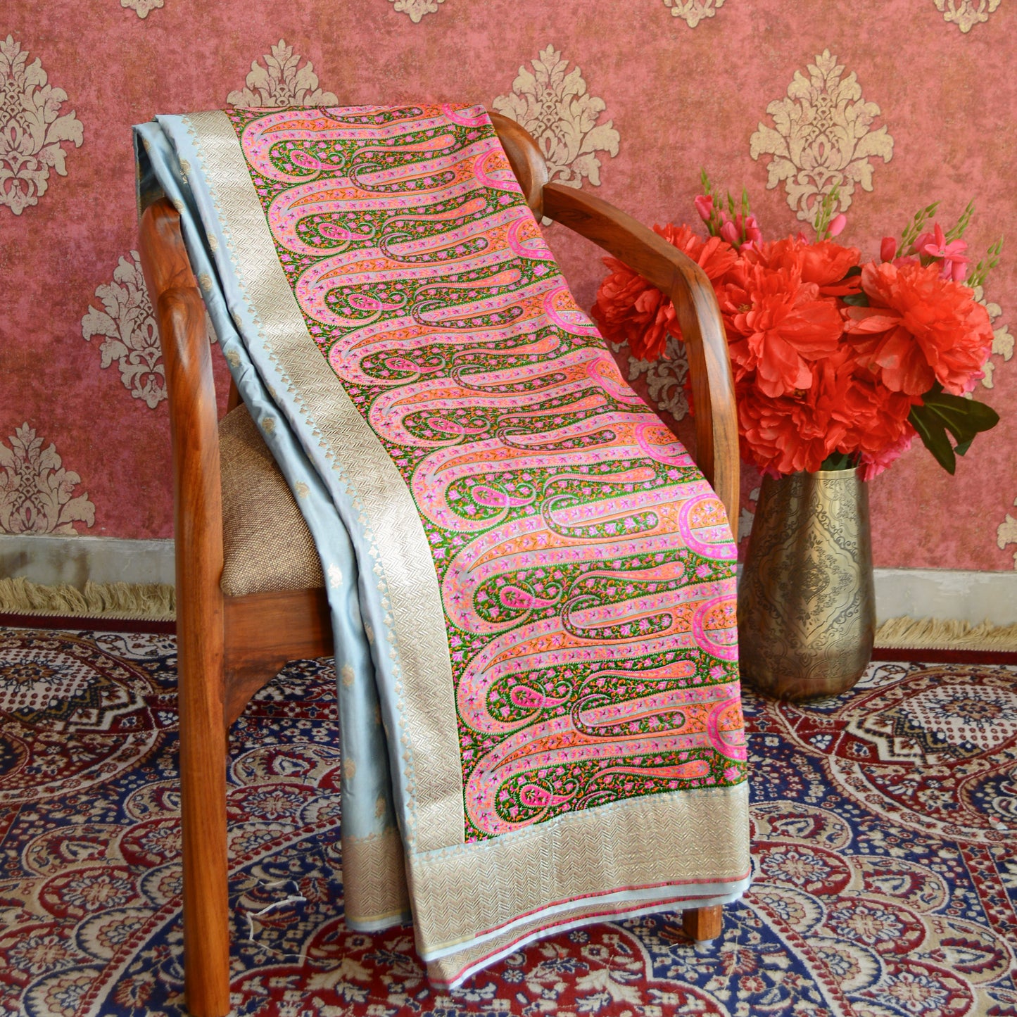 Grey - Blue Mashru Silk Saree