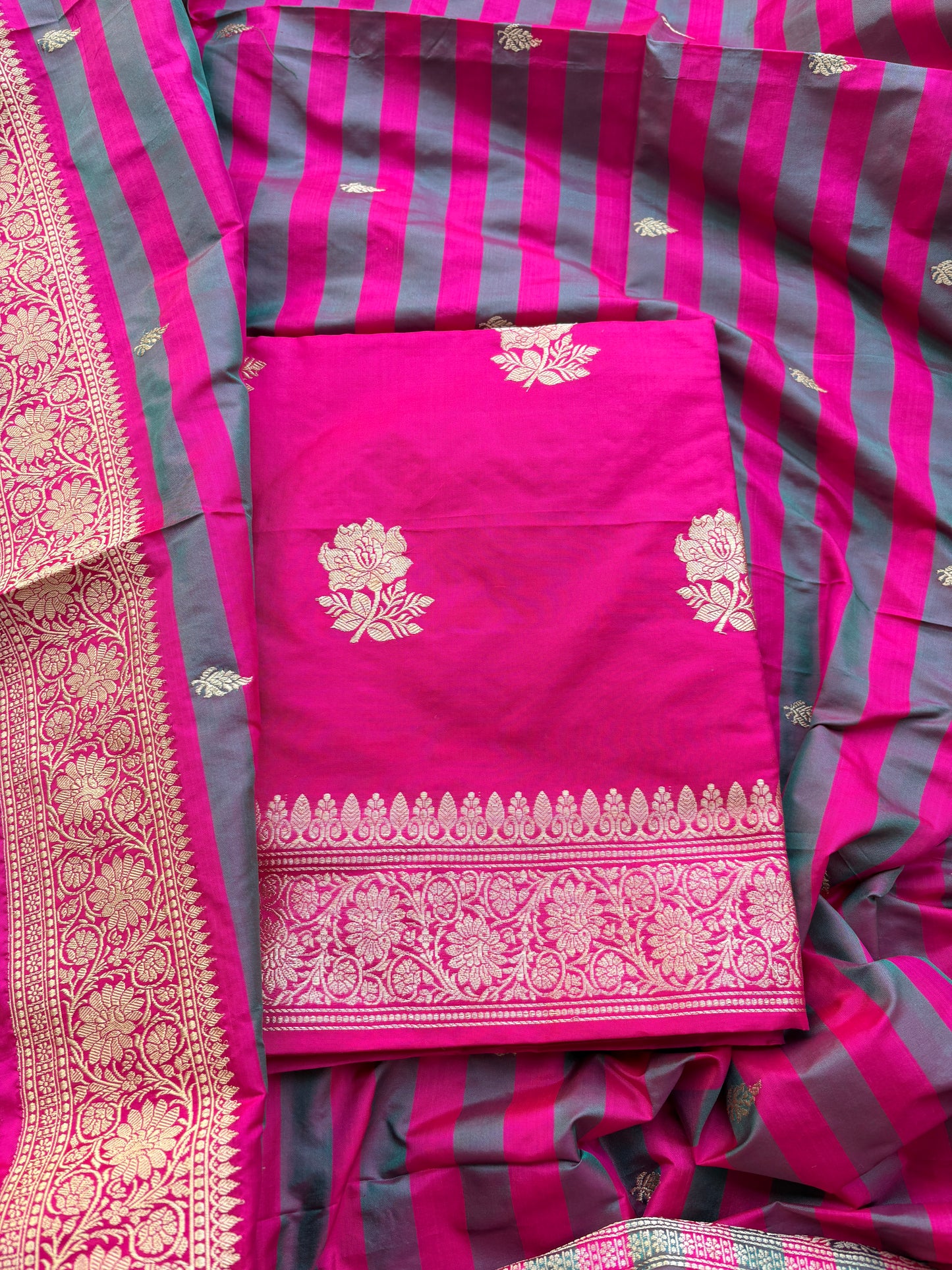 Pink katan by katan silk kadhwa suit set with stripe katan dupatta