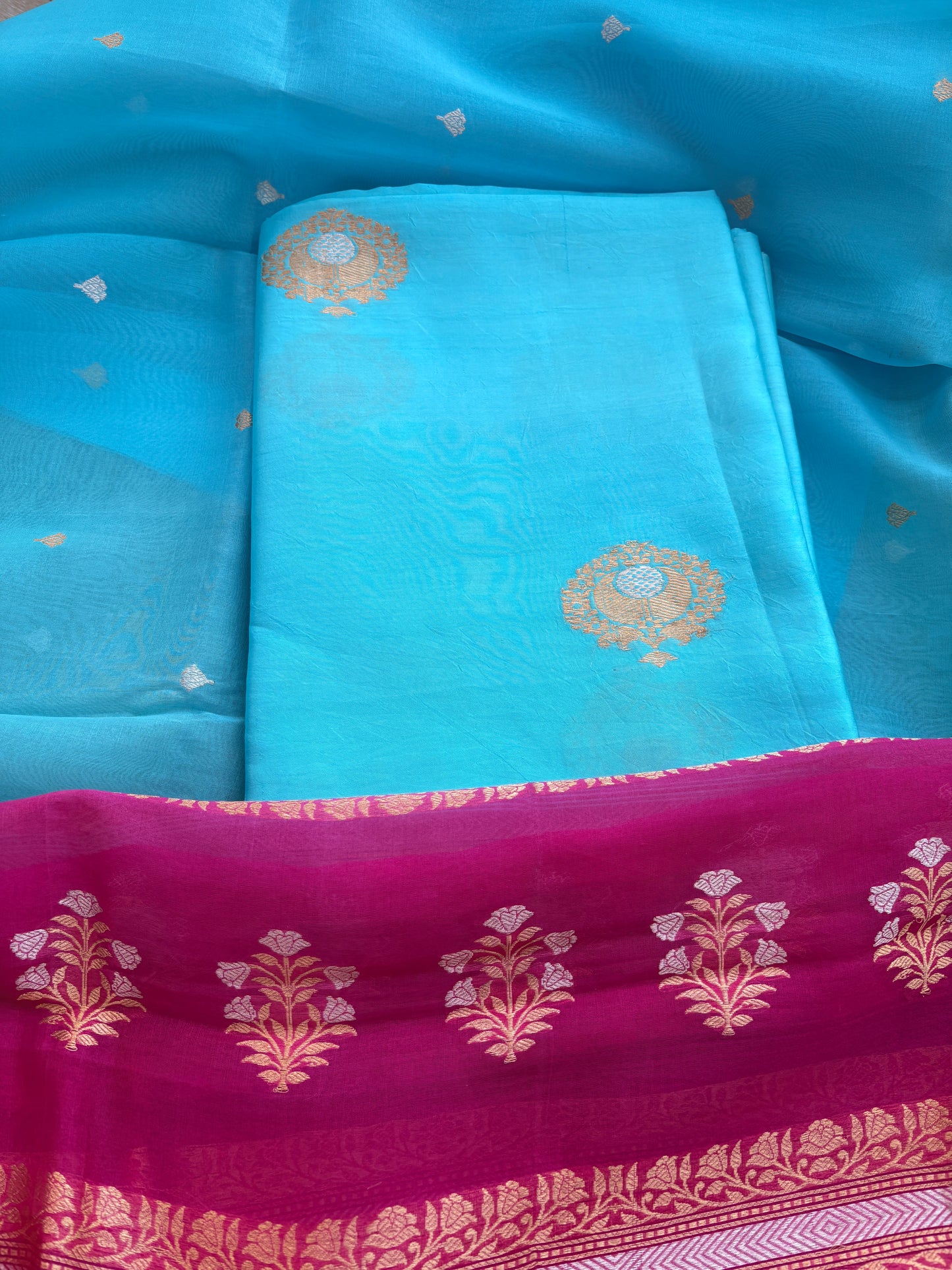 Blue Chiniya silk kora kadhwa suit set