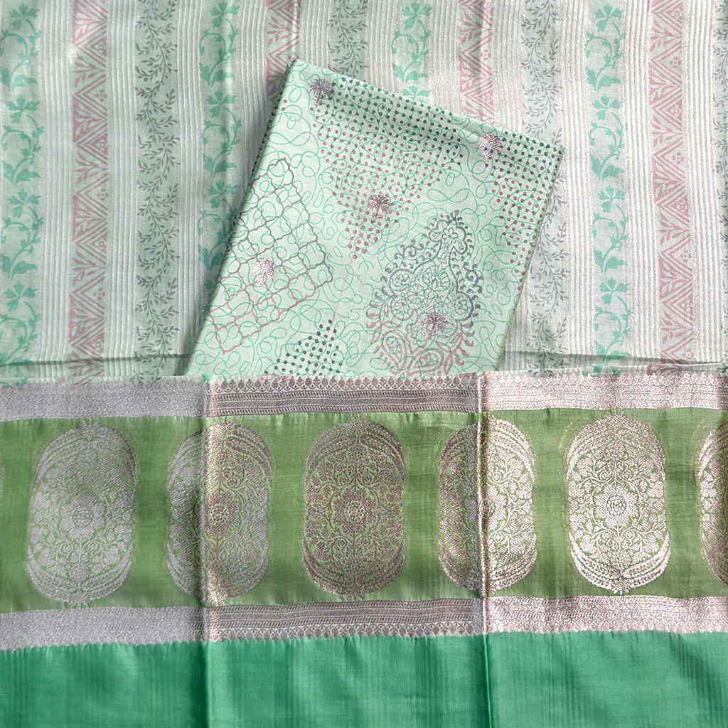 Green Chiniya silk self woven design suit set