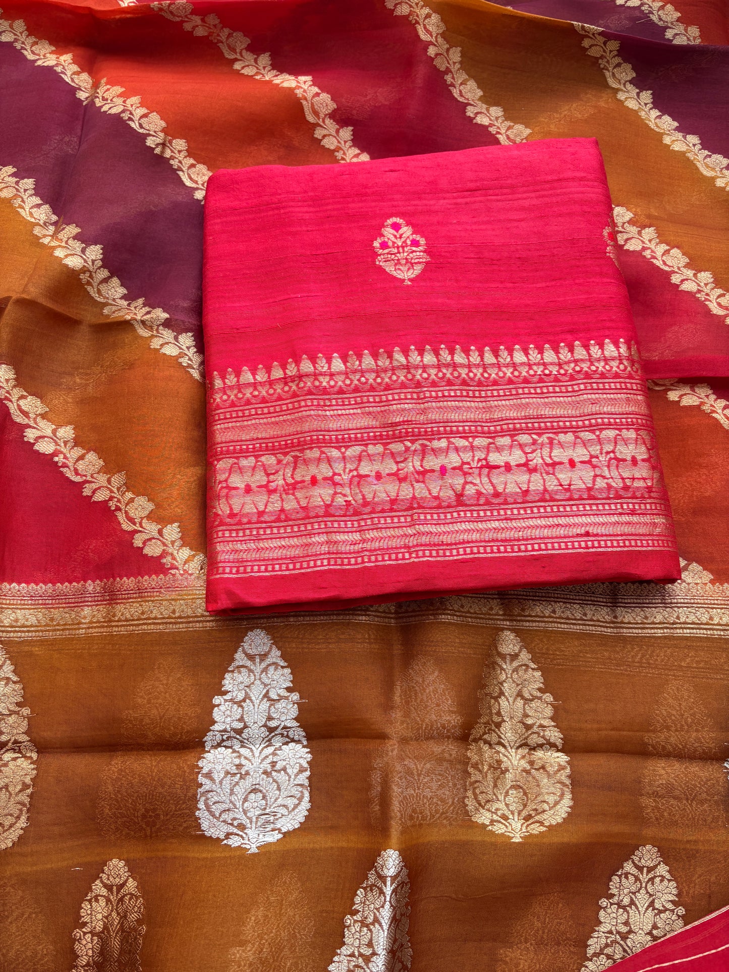 Red raw silk suit set with kora rangkat dupatta