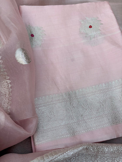 Pink Chiniya silk  silver zari 3 piece suit set