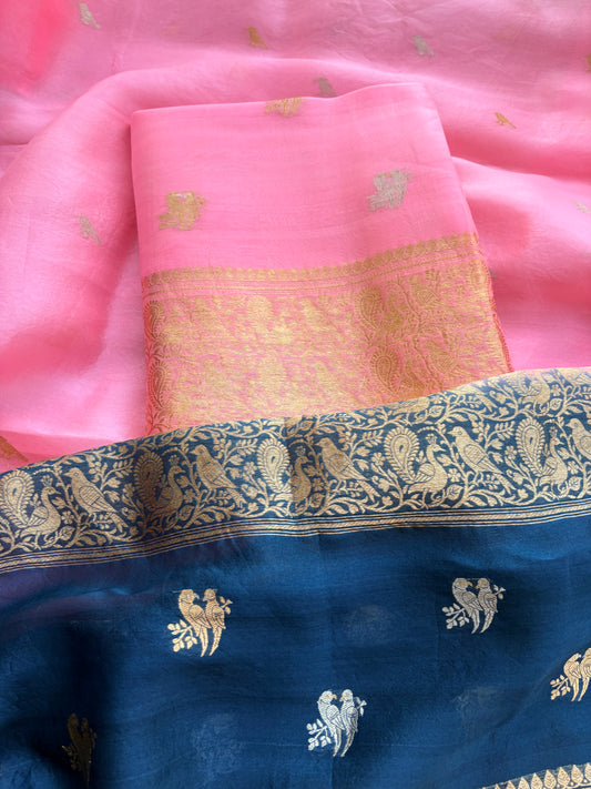 Pink Kora silk kadhwa suit set with shaded dupatta