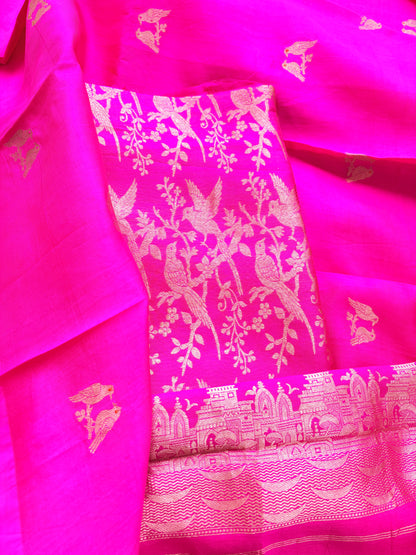 Pink brocade silk suit set with silk bird dupatta