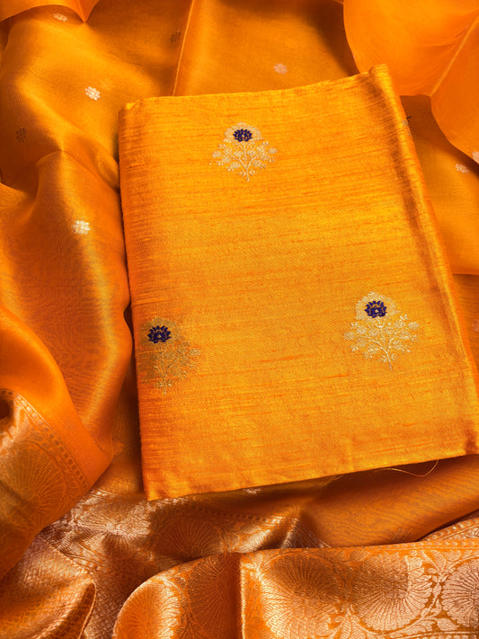 Yellow meenadar raw silk kurta, bottom , kora silk dupatta