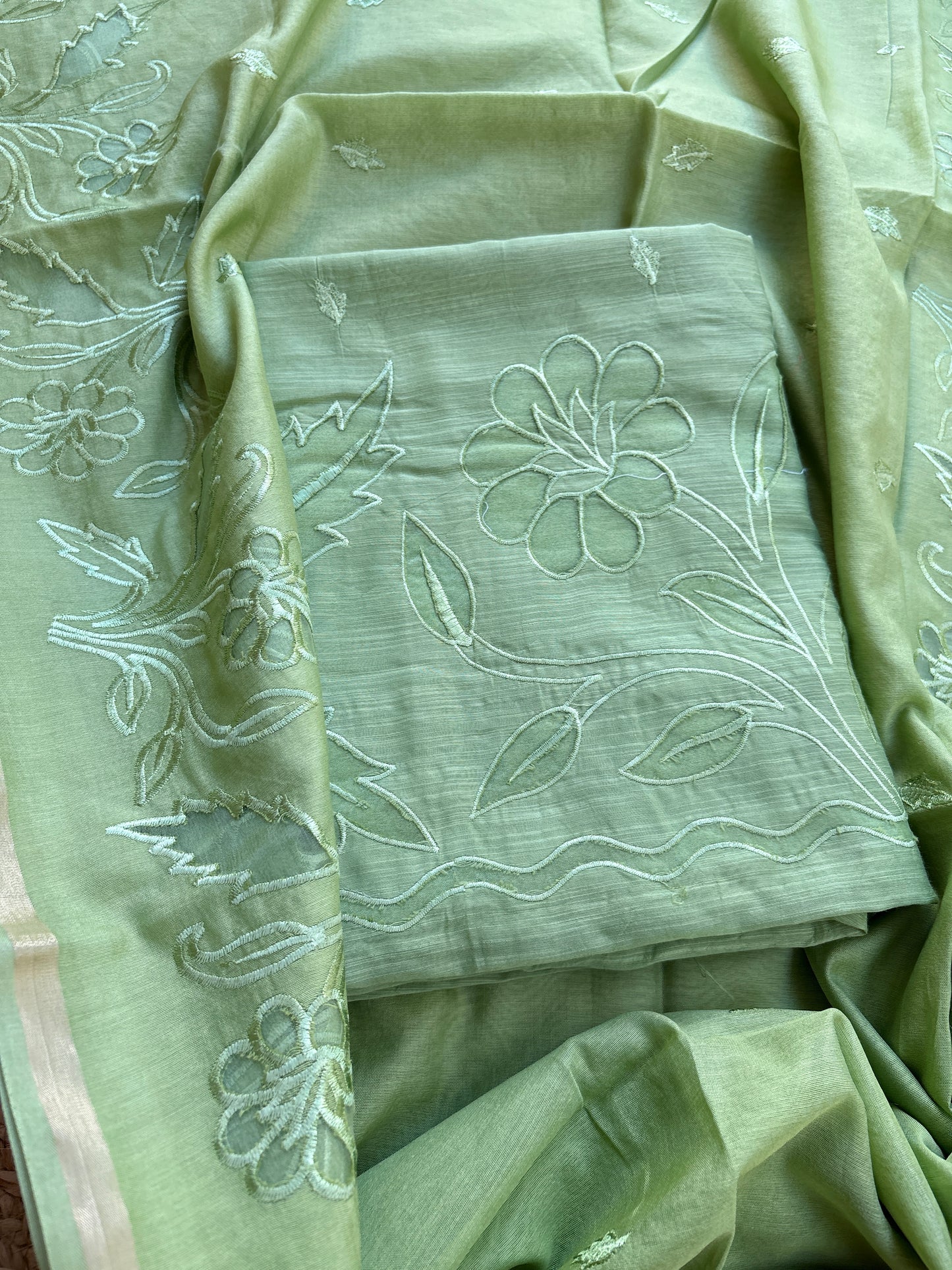 Green appliqué mul Chanderi suit set