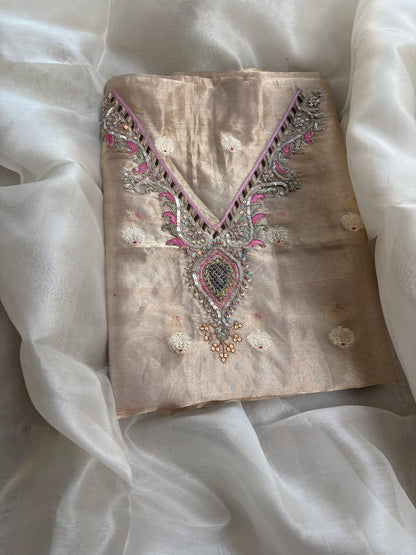 Tissue hand embroidered suit with kora embroidered dupatta
