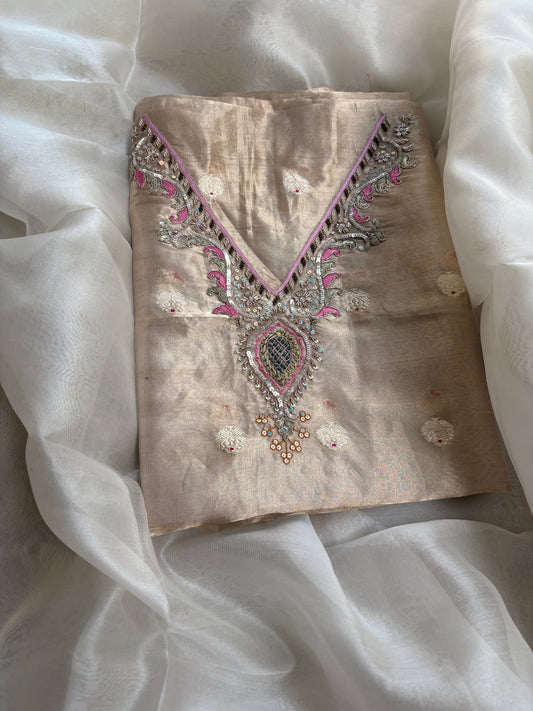 Tissue hand embroidered suit with kora embroidered dupatta