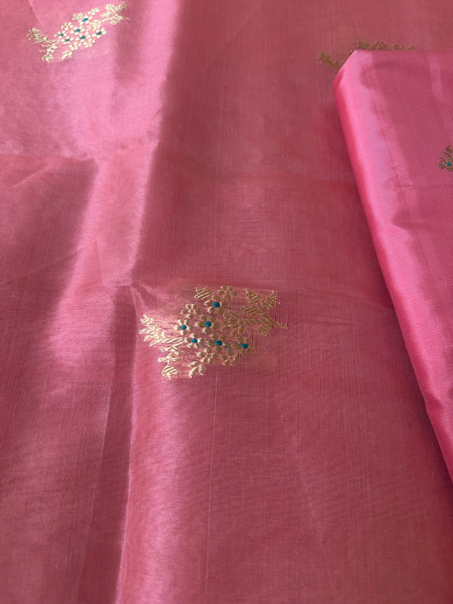 Pink katan silk embroidered kurta, plain katan bottom and kora silk dupatta .