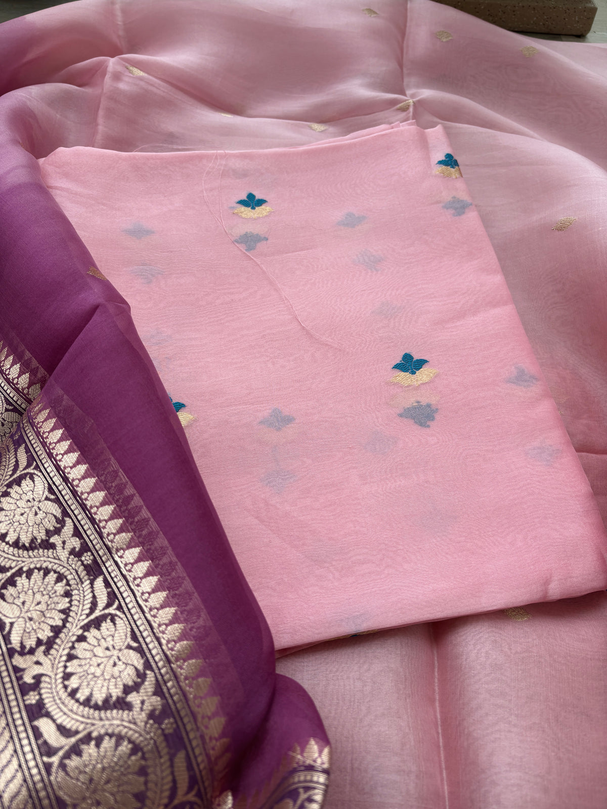 Pink Kora silk suit set with shaded dupatta
