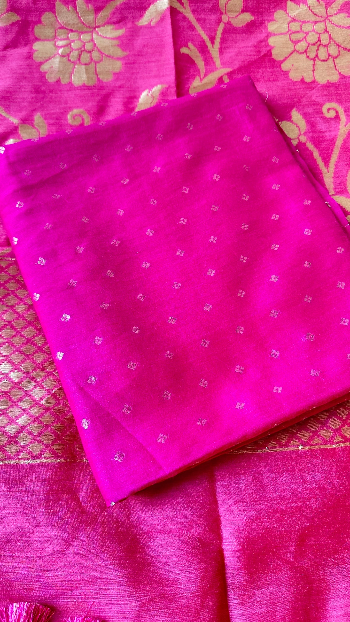 Rani pink moonga silk kurta, moonga bottom, carrot pink dupatta