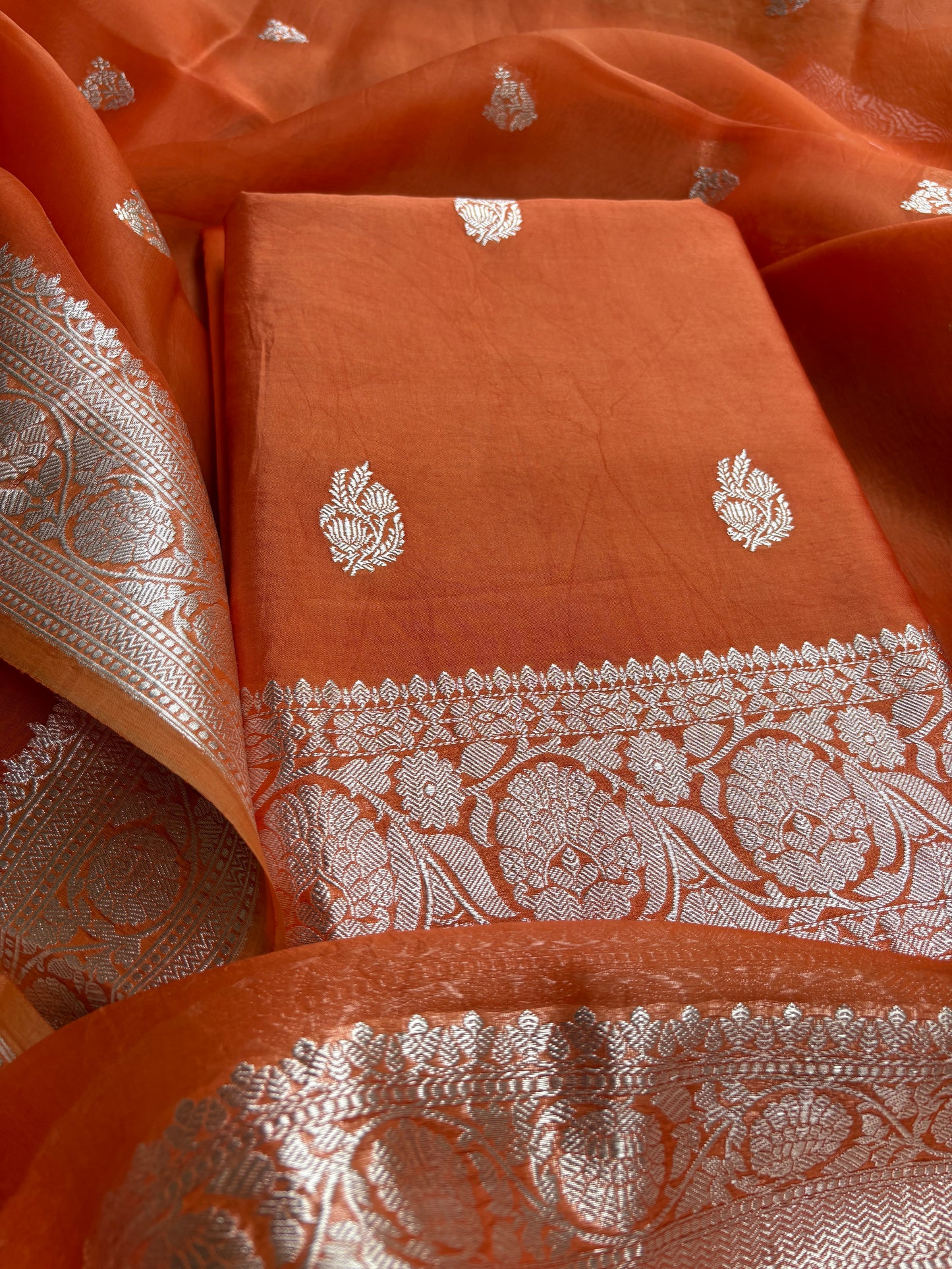 Orange Chiniya kora silver zari suit set