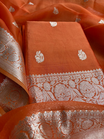 Orange Chiniya kora silver zari suit set
