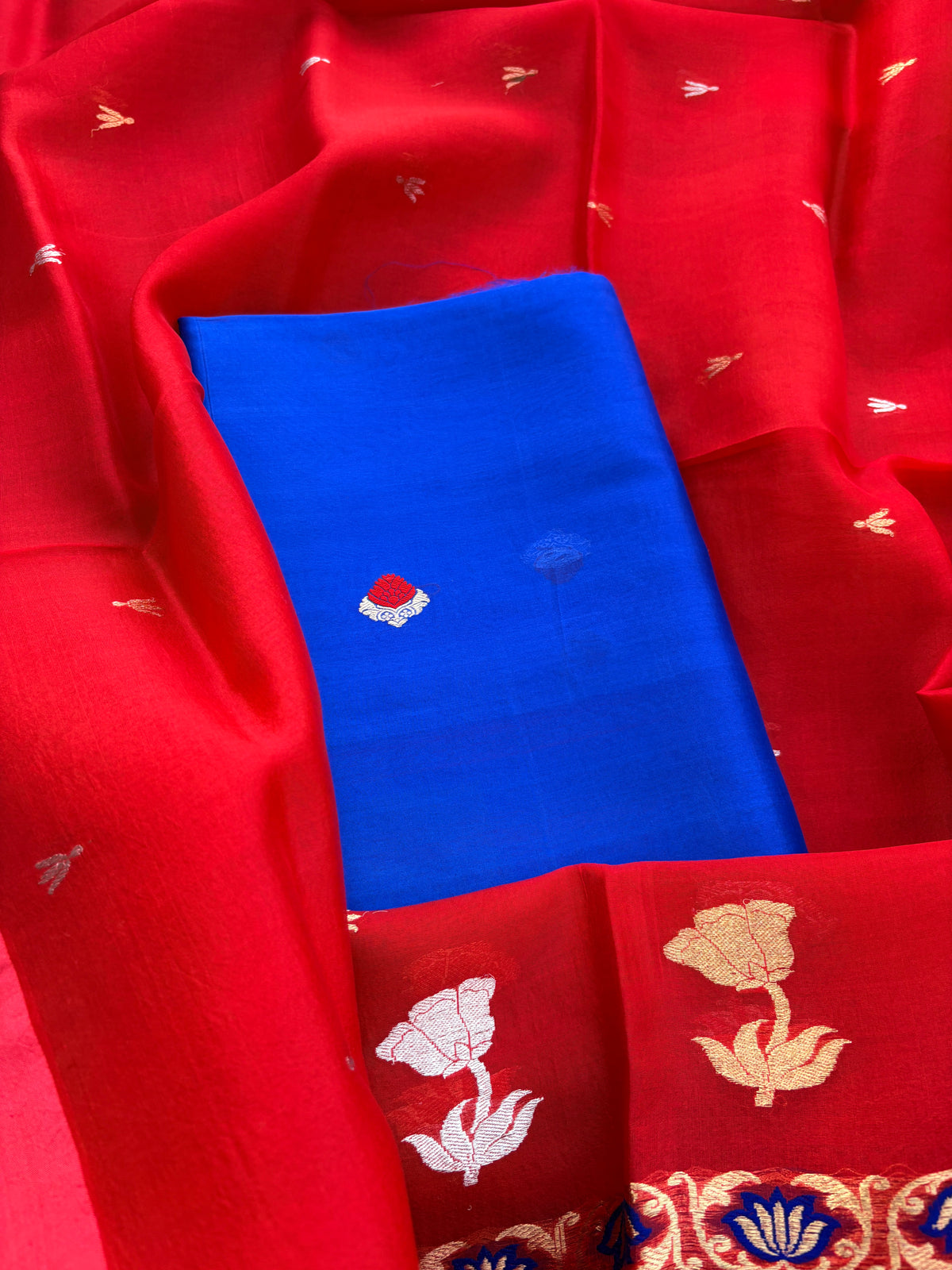 Blue kora suit with red kora silk dupatta
