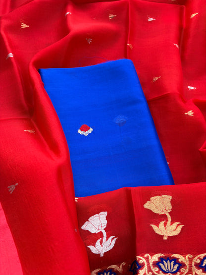 Blue kora suit with red kora silk dupatta