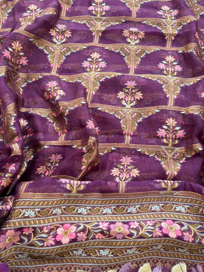 Purple kora silk jaal suit set