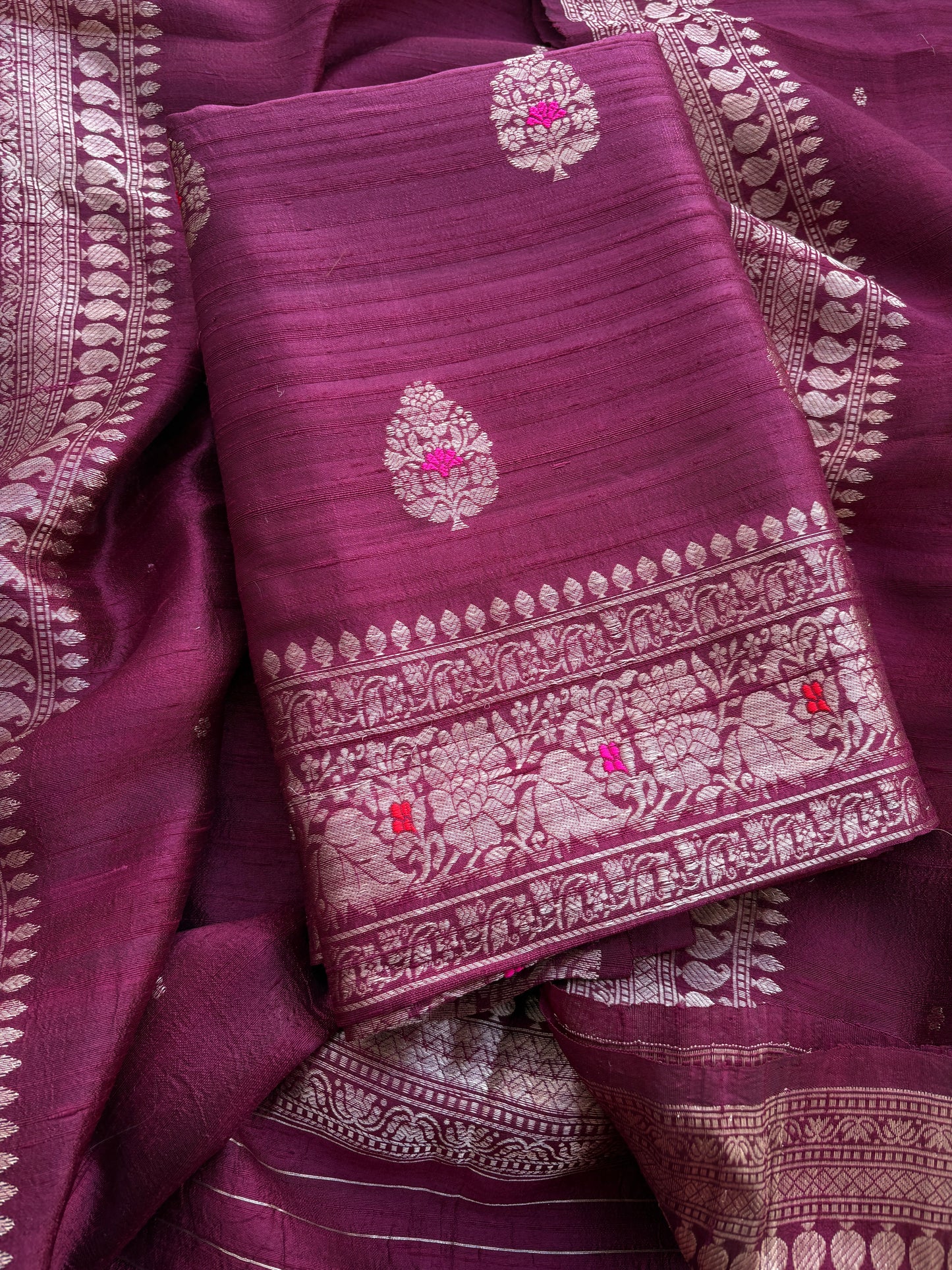Wine raw silk tussar kadhwa suit set