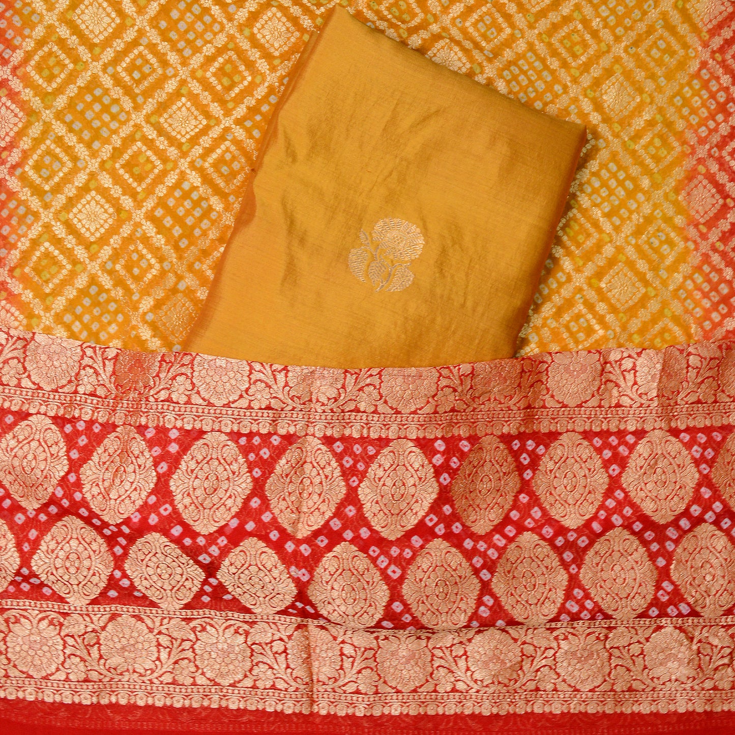 Mustard Chiniya silk suit with bandhani dupatta