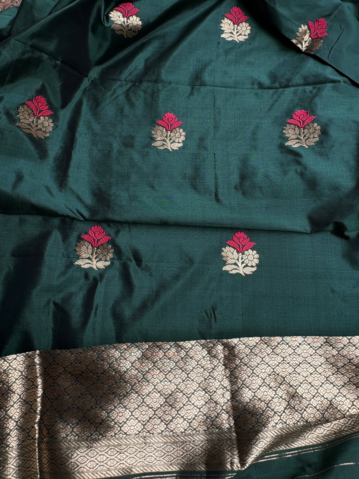 Green Chiniya silk kurta, bottom, katan silk kadhwa dupatta