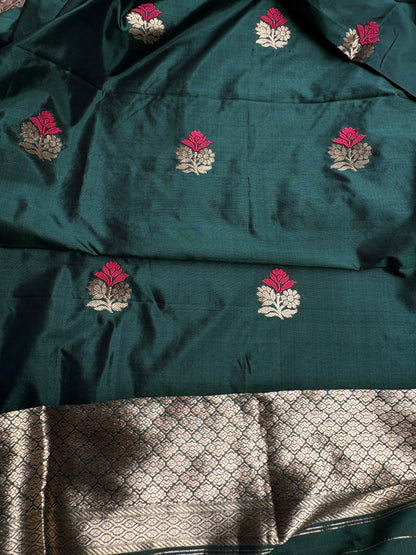 Green Chiniya silk kurta, bottom, katan silk kadhwa dupatta