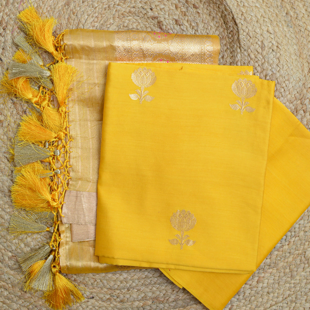 Yellow Chiniya silk kadhwa suit with tissue dupatta( FM 24)