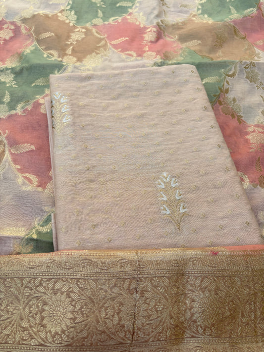 Peach Chanderi kurta, rangkat dupatta , plain bottom