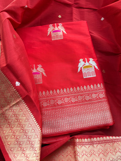 Red katan by katan silk kadhwa suit with tissue dupatta