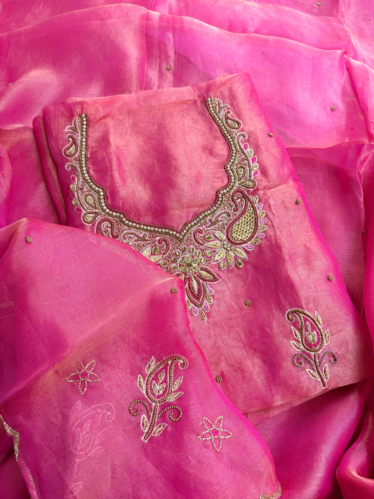 Pink tissue hand embroidered pure silk suit set