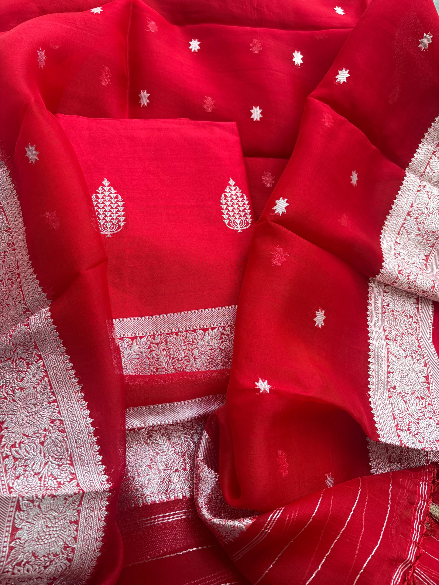 Red Chiniya kora silk silver zari suit