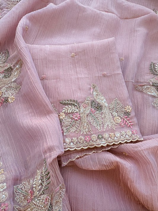 Pink hand embroidered falcon tissue silk suit