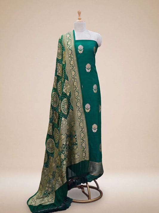Green silk suit with bandhani dupatta