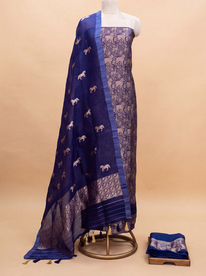 Blue brocade silk kadhwa suit set