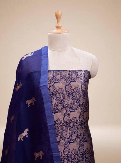 Blue brocade silk kadhwa suit set