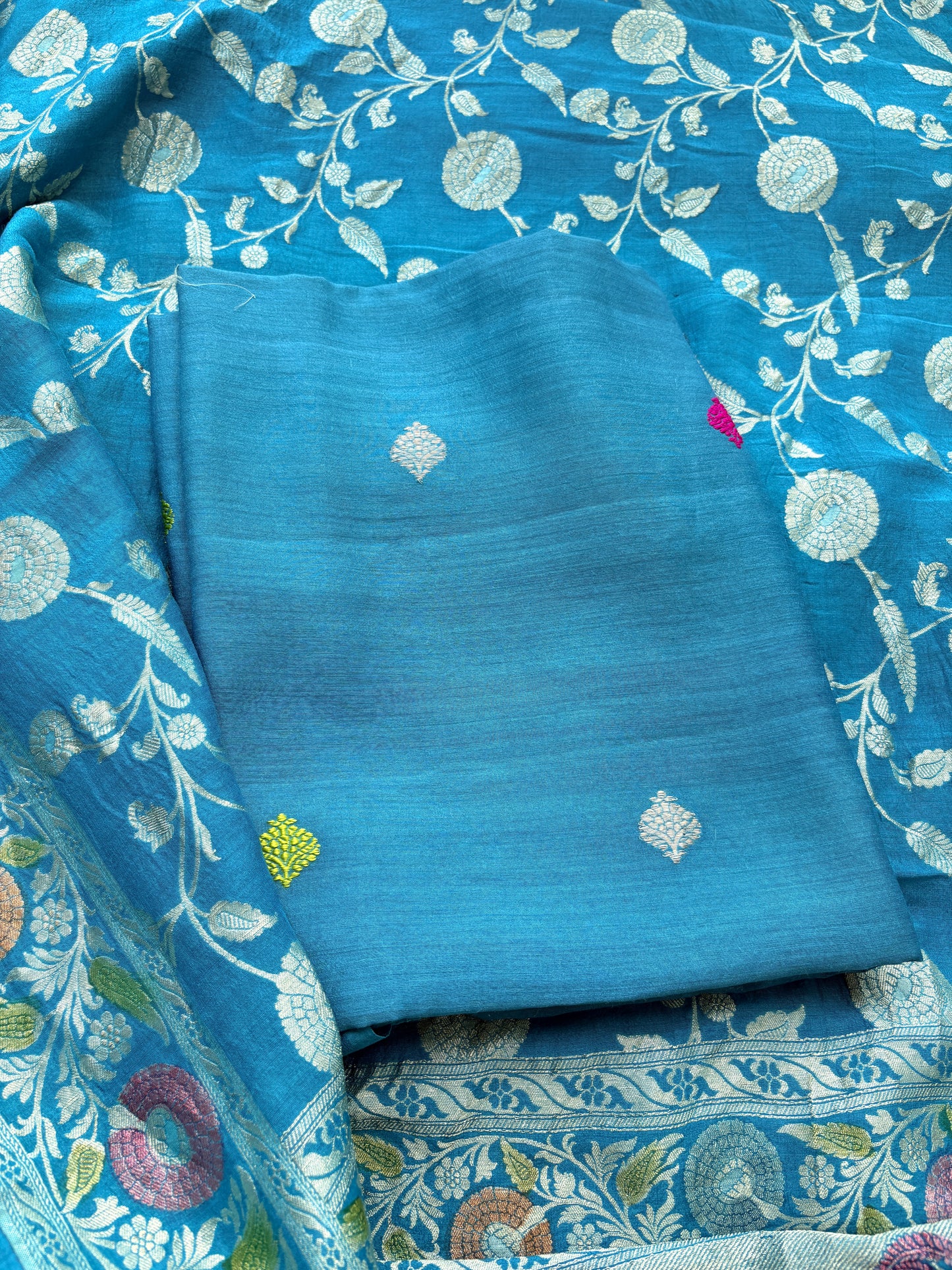 Firozi moonga silk suit set with jaal dupatta