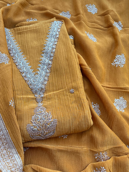 Yellow crush tissue embroidered suit set