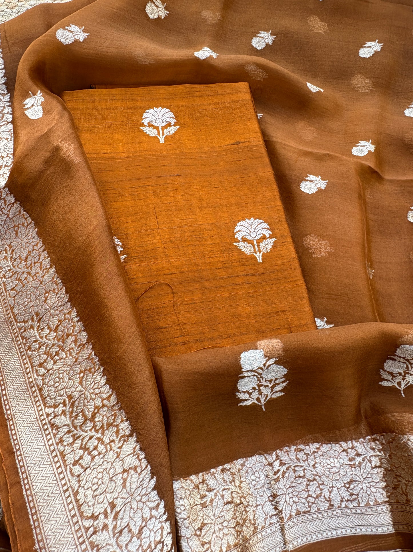 Rust raw silk suit set with kora silk bottom