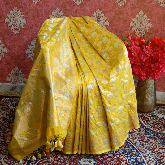 Yellow Mashru  Silk shikargah Saree
