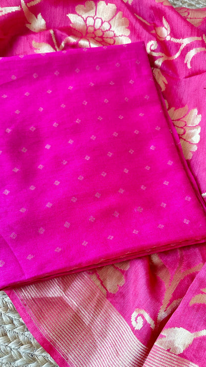 Rani pink moonga silk kurta, moonga bottom, carrot pink dupatta