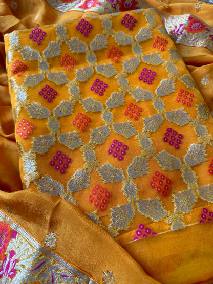 Orange mustard meendar organza kurta, chiffon dupatta and plain bottom