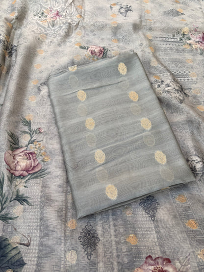 Grey mul Chanderi silk 3 piece suit set