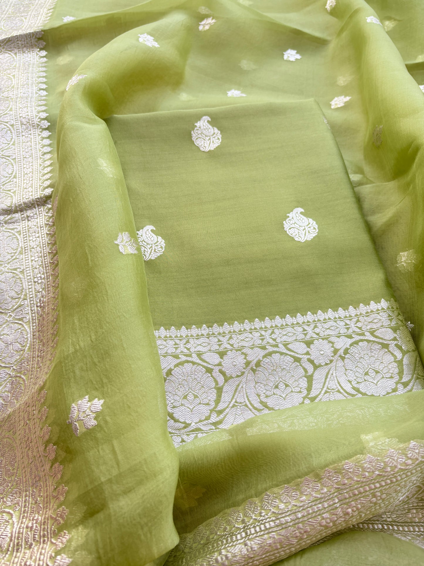 Green Chiniya silk pure silver zari suit set
