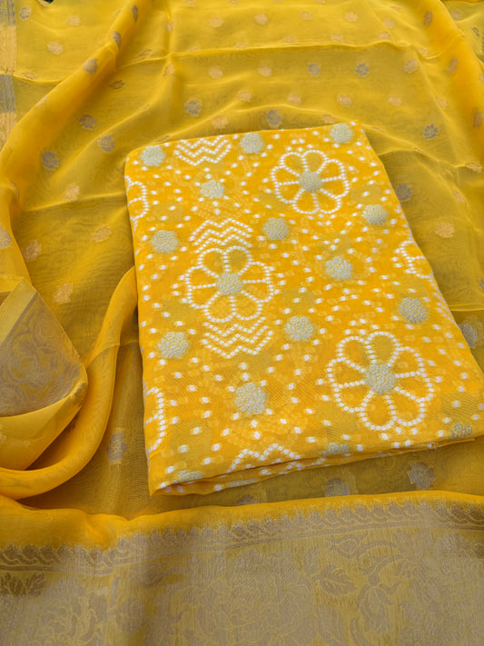 Yellow premium chiffon bandhani 3 piece suit set
