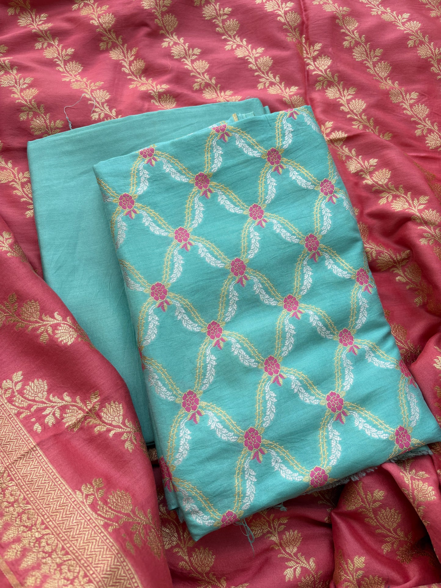 Blue and peach Chiniya silk suit set