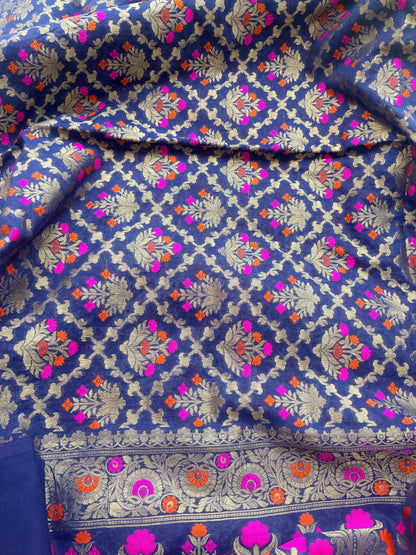 Blue Chanderi Resham zari heaving jaal dupatta suit set