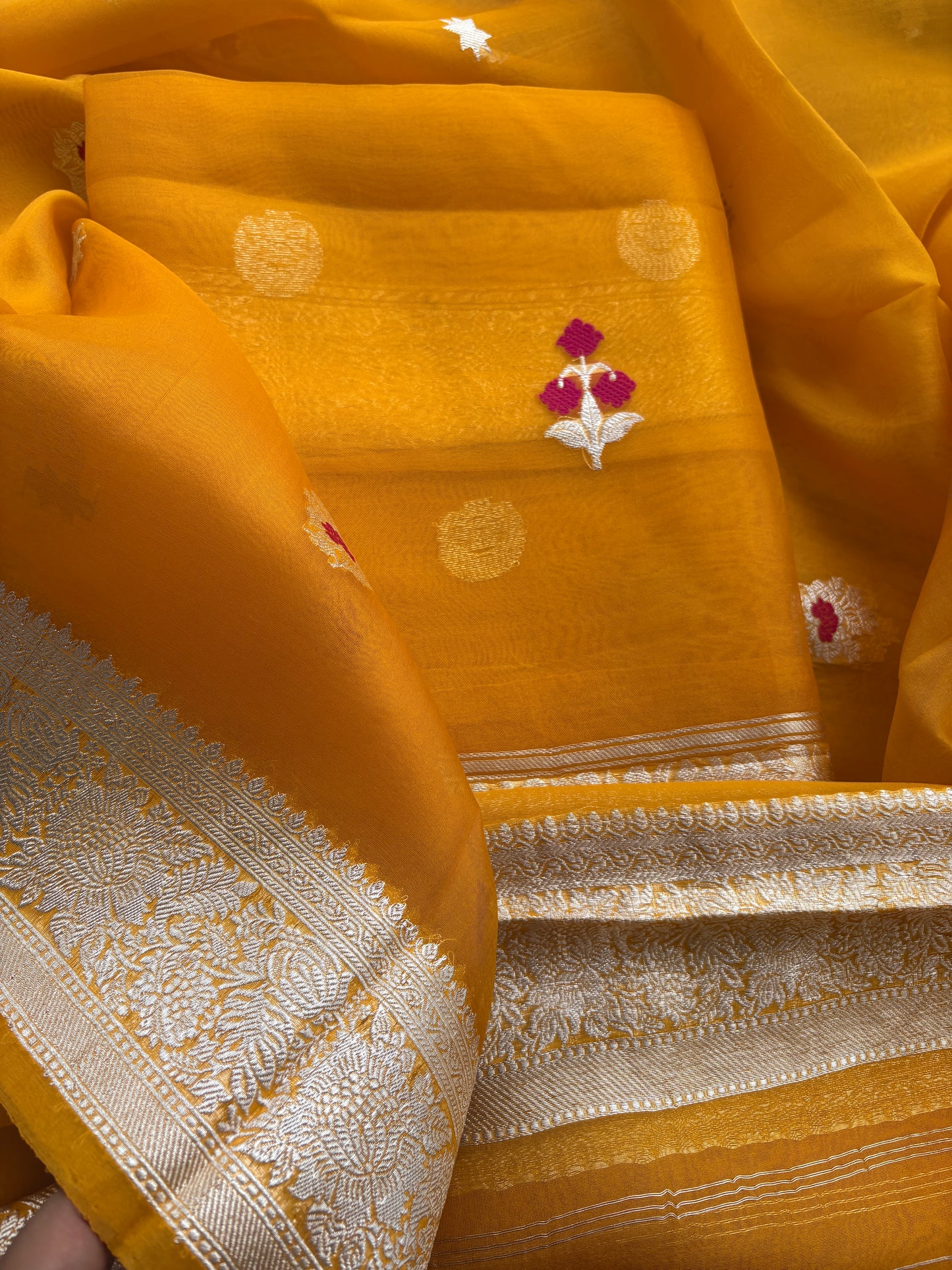 Yellow Kora silk meenadar silver zari suit set