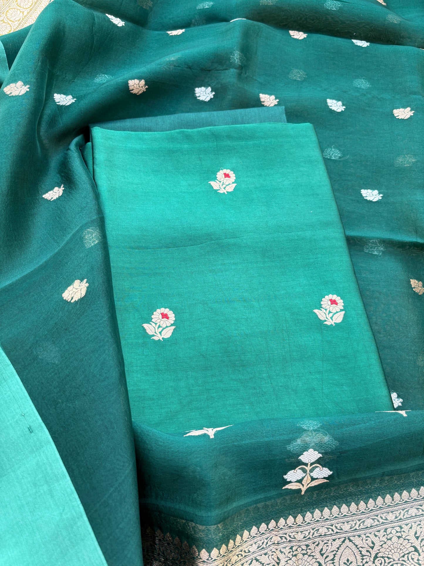 Green Chiniya silk kora dupatta suit set
