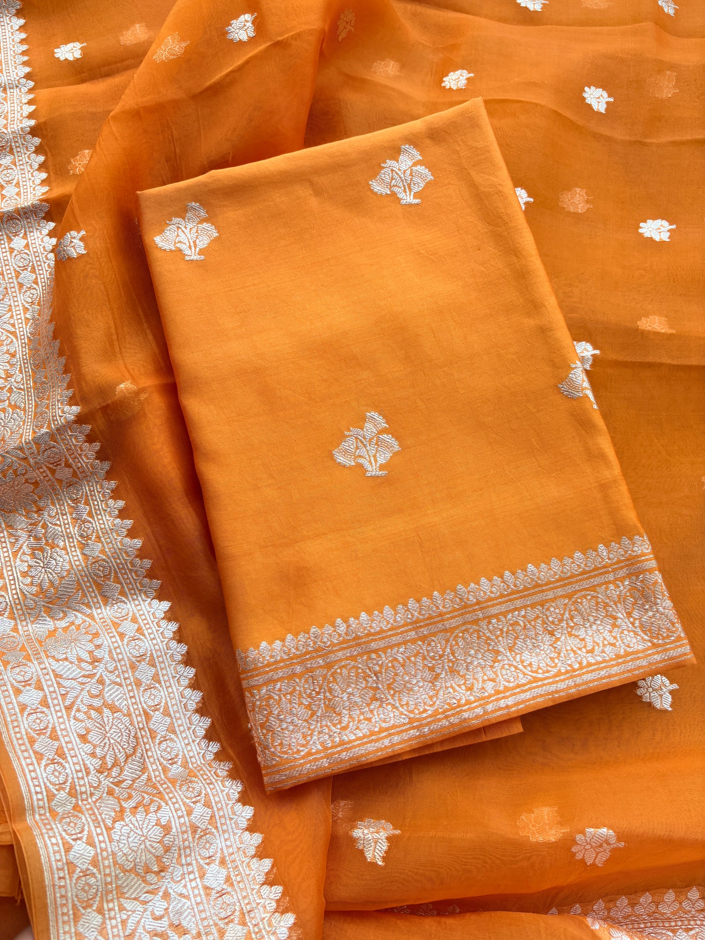Orange Chiniya kora silk pure silver zari suit set
