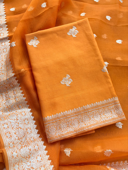Orange Chiniya kora silk pure silver zari suit set