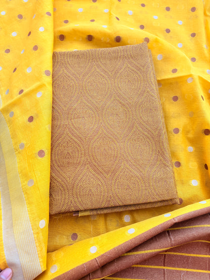 Yellow brocade cotton tissue suit set